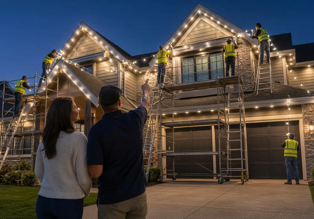 Installation crew on ladders fitting roofline lights while the homeowners watch