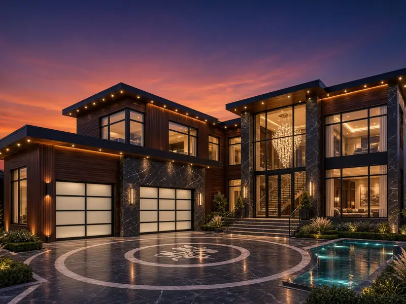 Flat-roof contemporary home with warm eave lighting