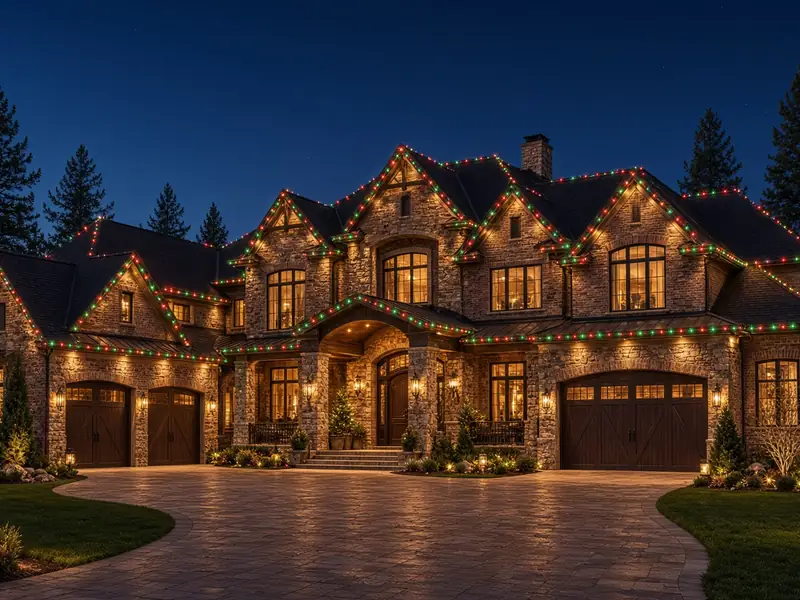Stone estate with red and green holiday roofline lights