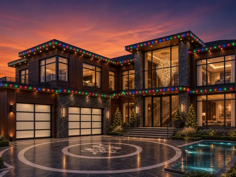 Two-storey modern home with multicolour permanent roofline lights at sunset