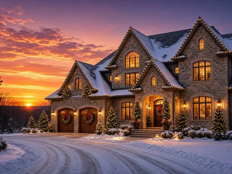 Snow-covered stone home at sunset outlined in white lights