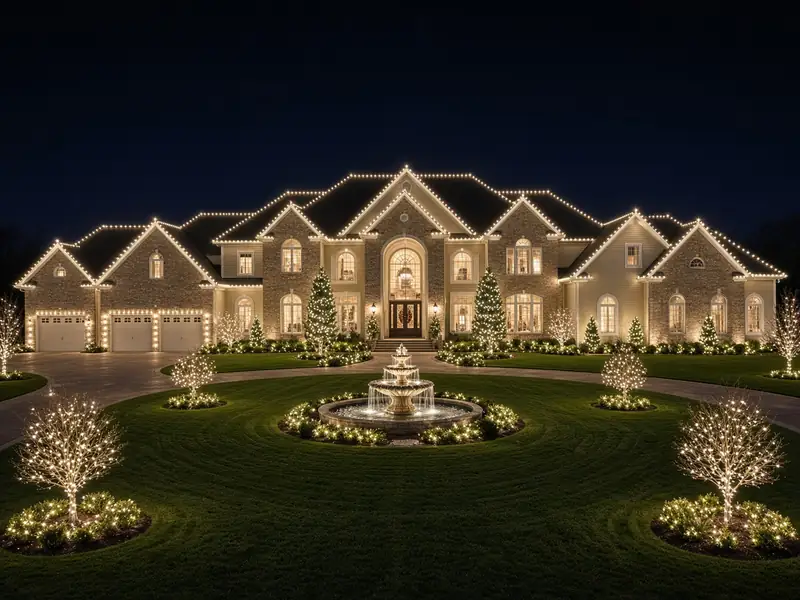 Wide estate home outlined in white lights with a lit fountain