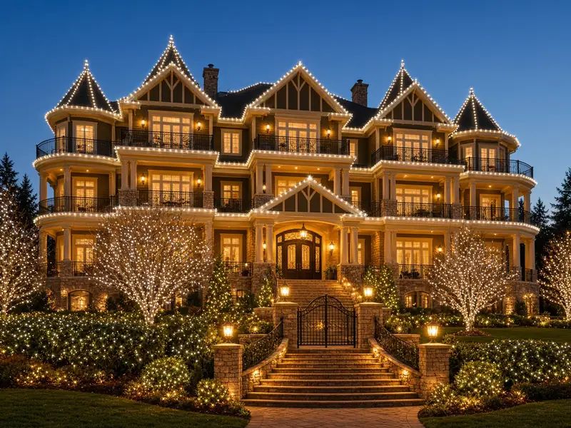 Three-storey home with white lights on every gable and lit trees