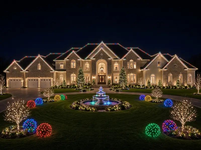 Estate home with white roofline lights and colourful lawn globes