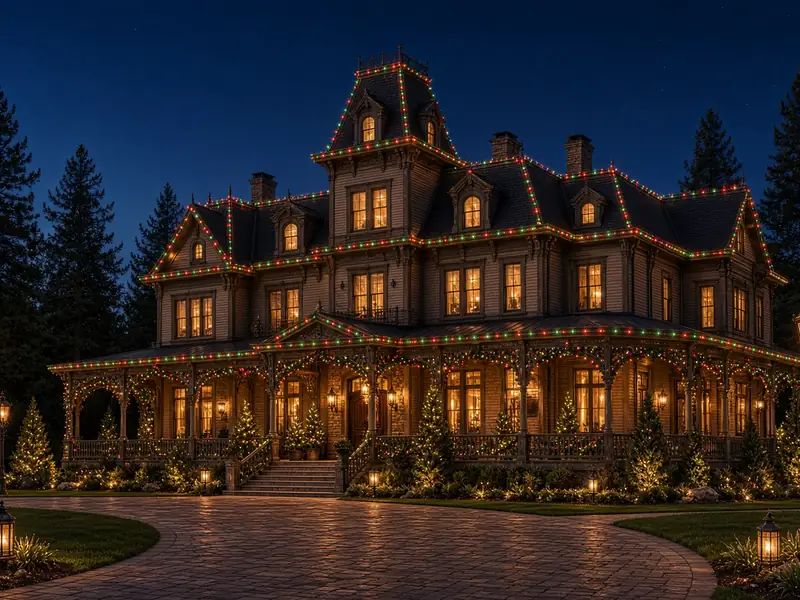 Victorian home with wraparound porch outlined in warm lights