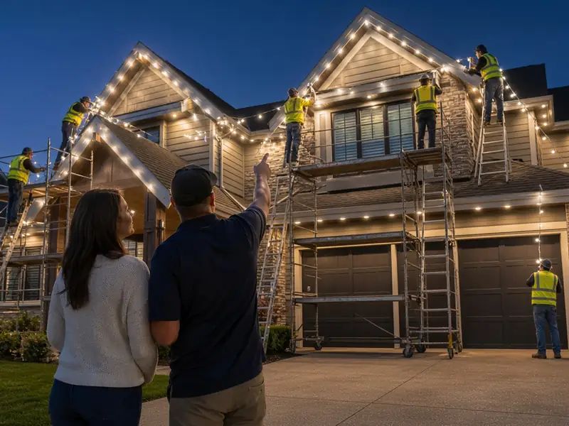 Homeowners watching the crew fit lights to a two-storey home