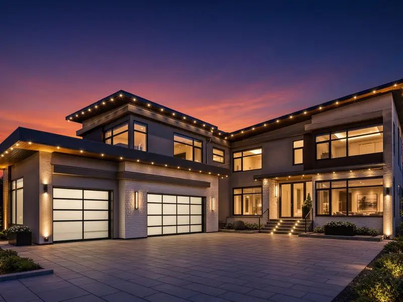 Contemporary home with warm eave lighting over glass garage doors