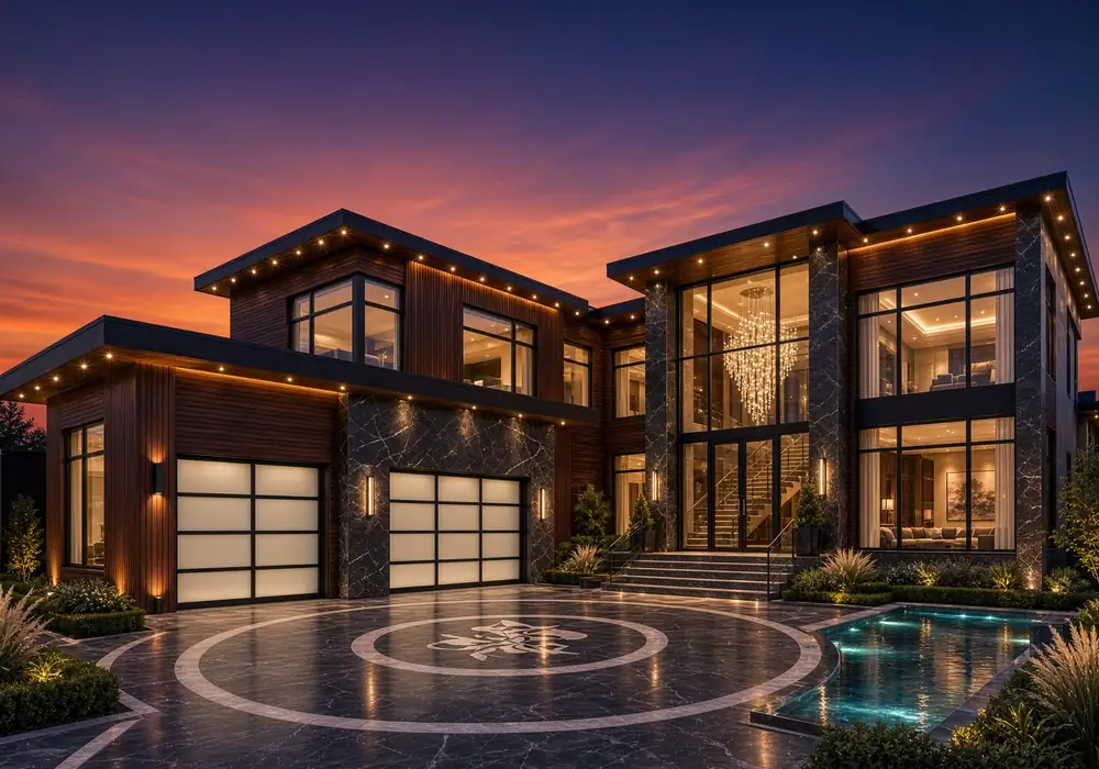 Contemporary home with permanent warm white track lighting under the eaves