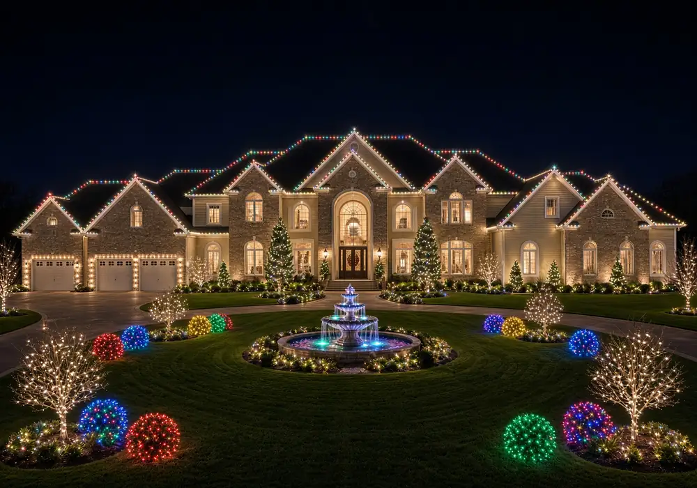 Large DFW home outlined in white Christmas lights with lit trees and a fountain